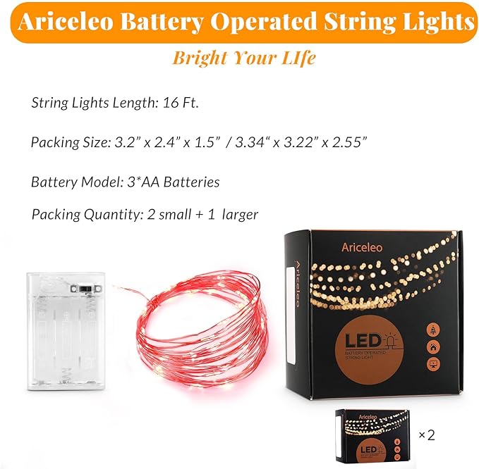 Ariceleo Led Fairy Lights Battery Operated, 2 Packs Mini Battery Powered Copper Wire Starry Fairy Lights for Bedroom, Christmas, Parties, Wedding, Centerpiece, Decoration (5m/16ft Red)