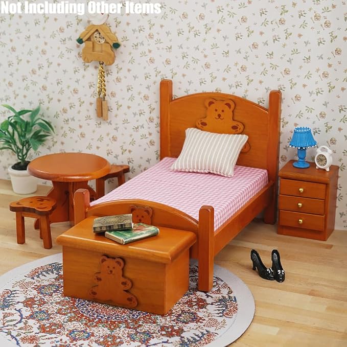 Odoria Dollhouse Bedroom Furniture Miniature : 1/12 Scale Single Bed with Bedding Cute Storage Chest Trunk - Mini Bedside Table and Chairs Wooden Nightstand 6Pcs