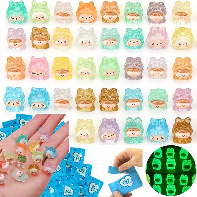 50 Pcs Mini Glow-in-The-Dark Resin Animal Blind Bags, Cute Bunny Mystery Bags Miniatures for Dollhouse Decoration, DIY Crafts, Dollhouse Accessories, Party Gifts, Kids Simulation Play