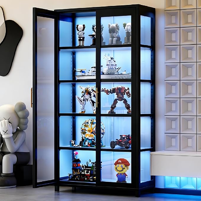Display Cabinet with Glass Doors, 5-Tier Curio Cabinet with 4 Adjustable Shelves for Collectibles Toy Organizers Rack & Display Shelf, Kids Bookcase for Bedroom, Living Room, Reading Nook (Black)