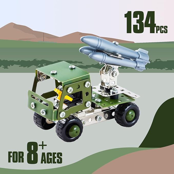 Military Truck STEM Building Toy Set for Boys Age 8-12 - Metal Army Toys Model Car Kits Set - Engineering STEM Kits or Kids 6-8, 8-10 Stem Projects Vehicles 134pcs