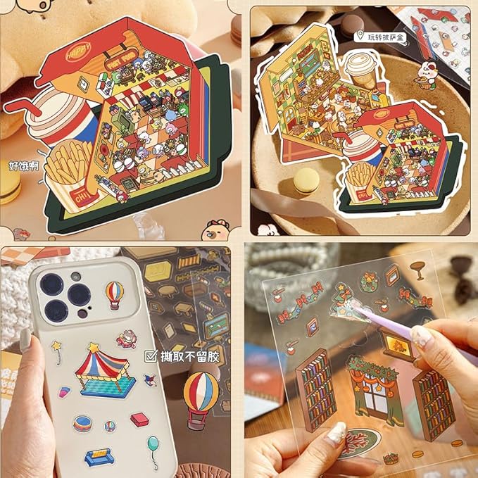 DIY 3D House Stickers Kit - 4 Sets Food Theme & Cartoon Scenes for Adults, Creative Art for Stress Relief, Pass The Time,Home Decoration, Relaxation Gifts