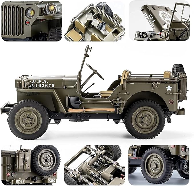 FMS Rochobby RC Car 112 1941 MB Scaler Willys Jeep Remote Control Crawler Military Truck 4x4 Offroad Vehicle with Transmitter Battery and Charger, Small, RC12001RTR Hunter Green