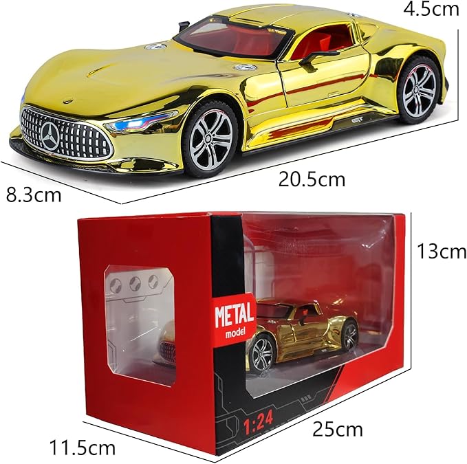 Toy Car Model 1/24 Gloden AMG Vision GT Alloy Collectible Vehicle Pull Back Die-Cast with Lights and Sound