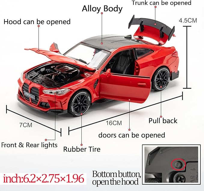 Toy Cars Compatible for M4（M Performance Parts ） 1/32 Metal Model Car Pull Back Car Toys with Light and Sound Toys Car Collectible Model for Children Age 3 + Year Old (Red)