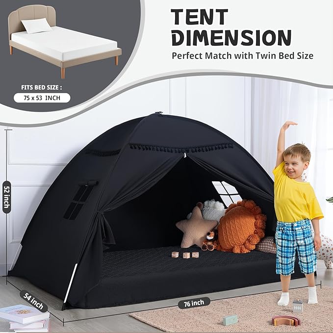 Full Size Bed Tent Canopy: Lights & Flags Indoor Floor Bed Kids Tent Playhouse - Space Blackout Sleeping Tents Indoor Breathable Portable Cottage Drafty Room Floor (Large Black)
