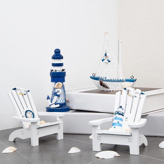 JQAQJU 4" Wooden Beach Chair Lighthouse Sailboat, 4pcs Mini Nautical Home Decoration & Beach Ocean Ornament for Summer Bathroom Bedroom Kitchen