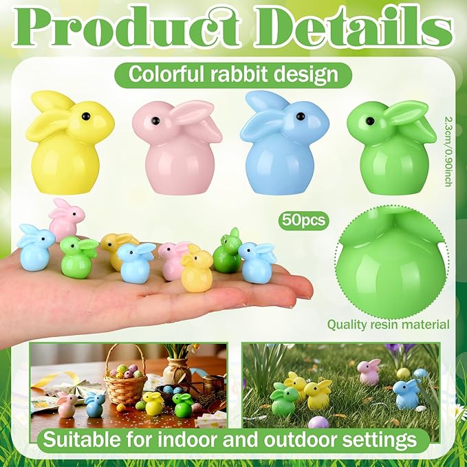 50 Packs Easter Decorations Bunny Figurines Mini Resin Bunny Figures Colorful Rabbit Statue Gifts Spring Rabbit Decorative Tabletop Centerpiece for Home Party Supplies Easter Basket Fillers