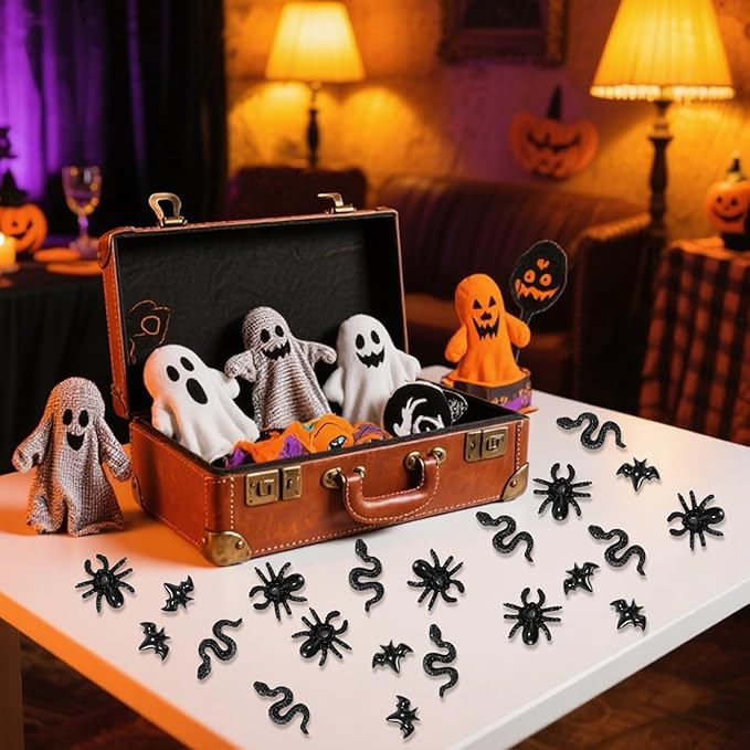 210pcs Halloween Mini Resin Creatures, Miniature Bats Snakes Spiders Nail Charms Tiny Animal Little Small Creatures Bulk for DIY Crafts Fairy Garden Micro Landscaping & Party Decorations (Black)