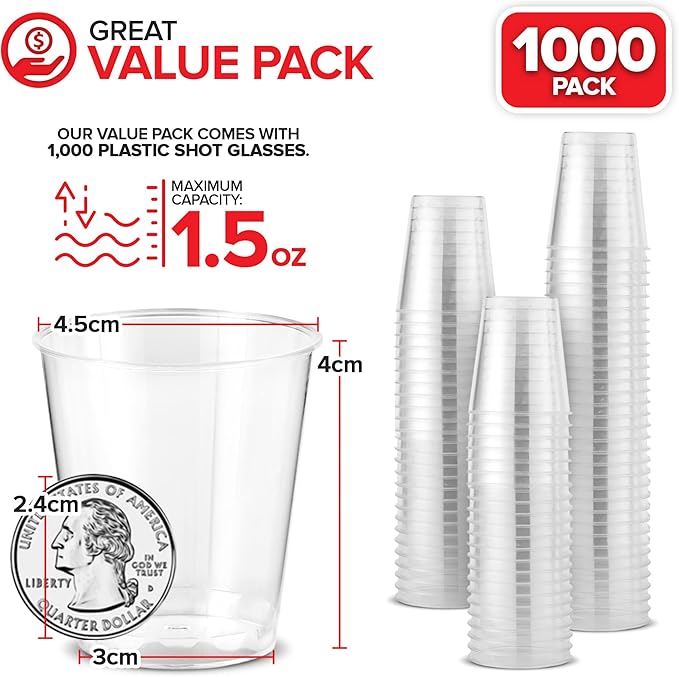 1000 Plastic Shot Glasses - 1.5 Oz Disposable Cups - 1.5 Ounce Shot Glasses - Ideal for Whiskey, Wine Tasting, Food Sampling and Sauce Dipping at Catered Events, Parties and Weddings (Clear)
