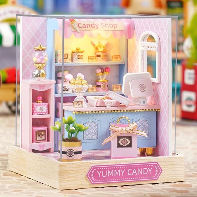 DIY Miniature House Kit, Mini House Building Kit with LED & Dust Cover, DIY Wooden Dollhouse Miniature Kit for Adults Teen, Wooden Crafts Lovely Dollhouse Kit, Yummy Candy