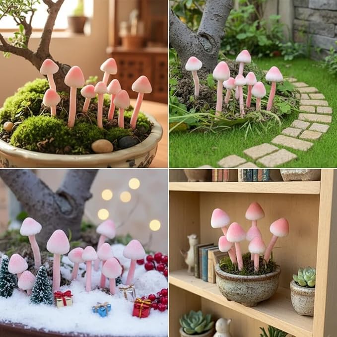 Sthdembo 8-Pcs Handmade Glittery Pink Resin Mini Mushrooms for Fairy Desk Plants, Miniature Terrarium Decor & Micro Landscape (not Include The vase)