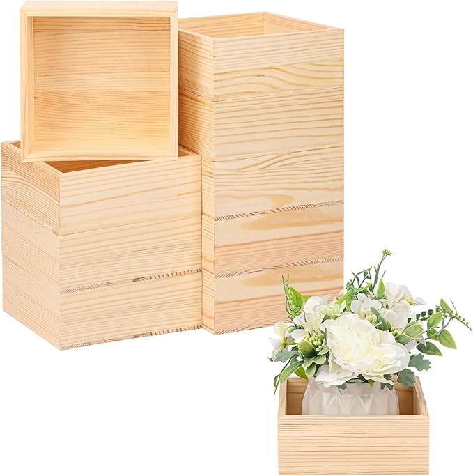 10 Pack 6 x 6 Inches Unfinished Wooden Boxes, Small Unfinished Square Wood Box Bulk, Small Wooden Box for DIY, Jewelry Storage, Home Decor, Succulent Plant Pot