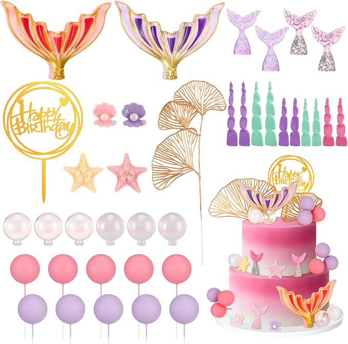 40 Pcs Mermaid Cake Topper - Mermaid Tail Cake Decorations with Seaweed Shells Starfish Under the Sea Cake Decorations for Birthday Party Decorations