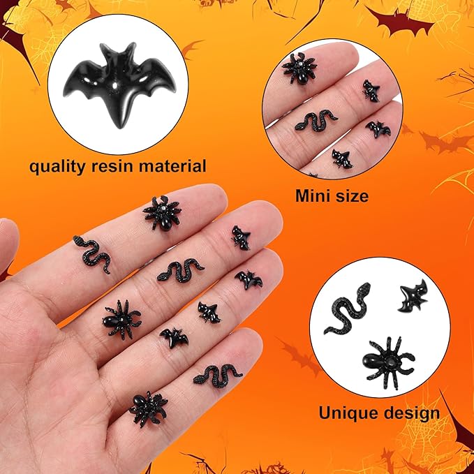 210pcs Halloween Mini Resin Creatures, Miniature Bats Snakes Spiders Nail Charms Tiny Animal Little Small Creatures Bulk for DIY Crafts Fairy Garden Micro Landscaping & Party Decorations (Black)