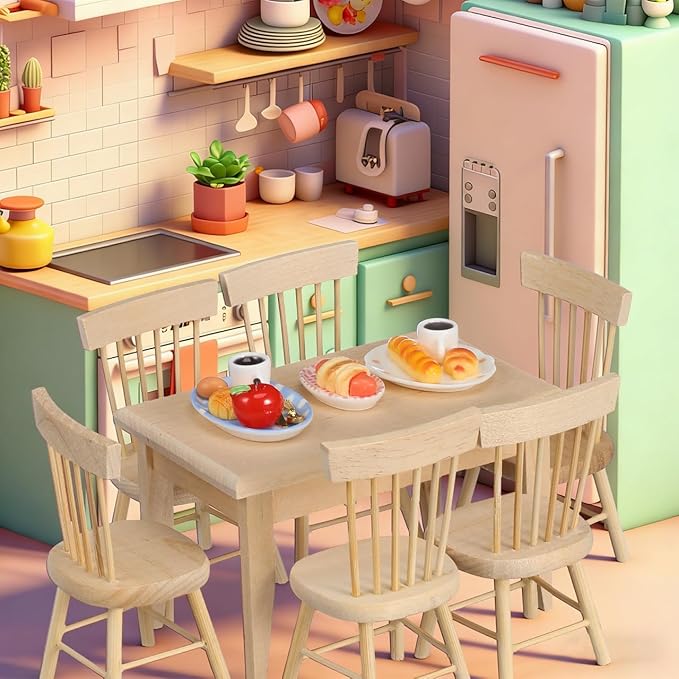 1 Set Doll Furniture Miniature Furniture Decorative 1/12 Scale Miniature Table Chair Set for Dollhouse Kitchen Food Decoration Accessories (As Shown B)