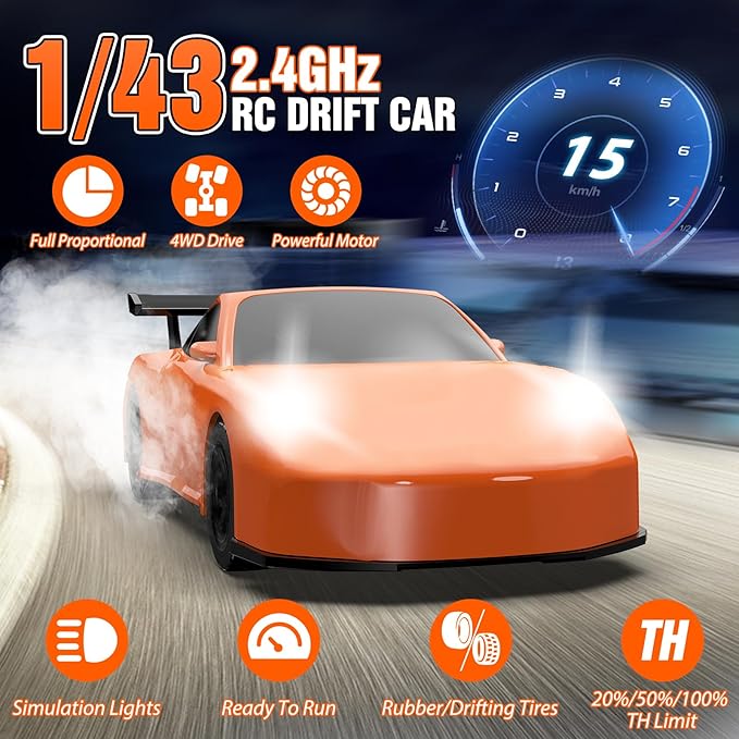 RC Drift car, 1/43 Mini Rc Drift car with Gyroscope, 2.4GHz Full Proportional Remote control Cars, 4WD High Speed Racing with Lights, Racing Tires, Model Cars Gift for Adults, Kids, Boys, Girls