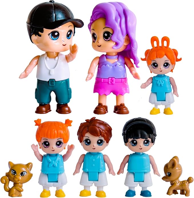 FUNERICA Dollhouse Family Figures & Pets – Bendable Play Dolls for Imaginative Fun & Doll House Play – Little People Family Set with Miniature Accessories – Made of Quality Plastic