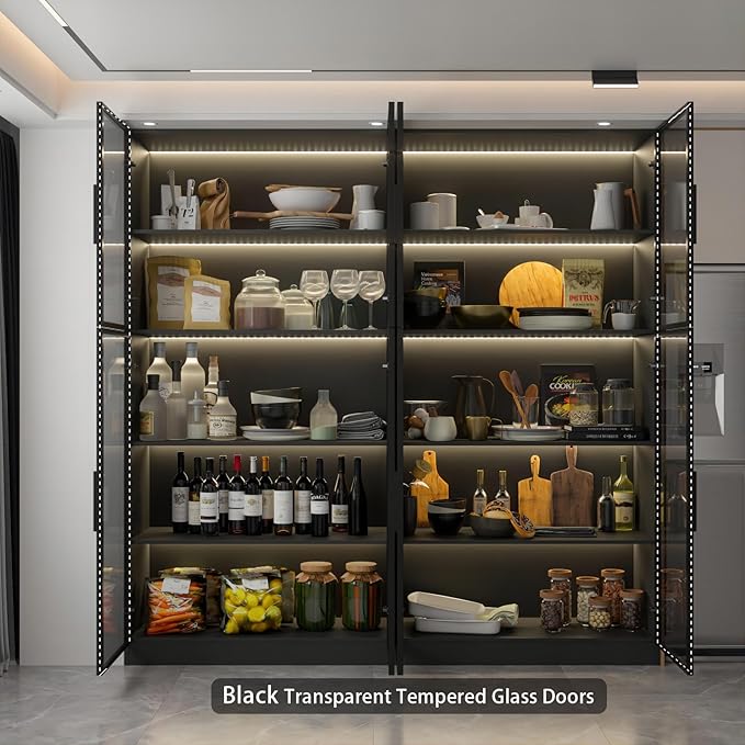 2-Piece Display Cabinet with Glass Doors and Lights, Large Modern Storage Cabinet with 5-Tier Shelves, Trophy Case for Collectibles Living for Room Home Office, Black (63" W)