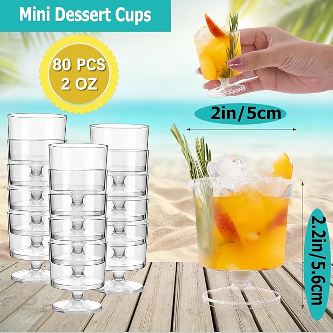 Loccmat 2 oz Mini Dessert Cups, 80 Pack Clear Plastic Wine Glasses, Disposable Dessert Shot Glasses for Party, Wedding, Birthday, Tasting