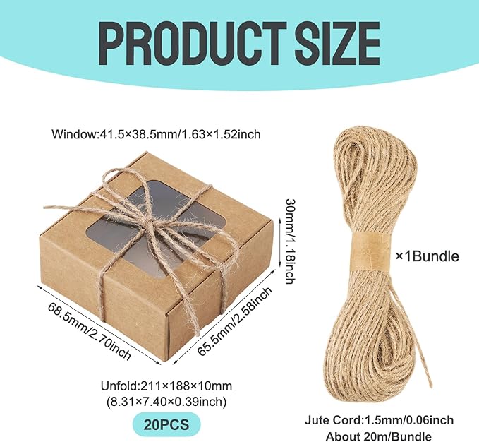 Craftdady 20pcs Small Square Brown Gift Boxes Party Favors Crafts Box with Jute String Folding Packing Boxes with Visible Window for Birthday Christmas Weddings 2.7"x2.58"x1.18"