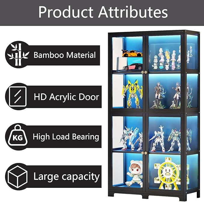 Display Cabinet with Acrylic Glass Doors, 4-Tier Bamboo Curio Display Case for Figures, Display Shelves for Collectibles & Toy Cabinet for Home, Office, Playroom, Living Room