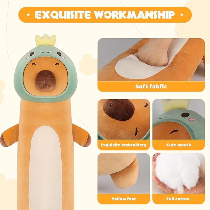 36 inch Extra Capybara Plush Long Pillow Toy Soft Stuffed Animal with Cute Dinosaur, Large Cuddle Sleeping Body Capybara Brown Big Plushies Gifts for Kids Boys Girls, Birthday, Halloween, Christmas