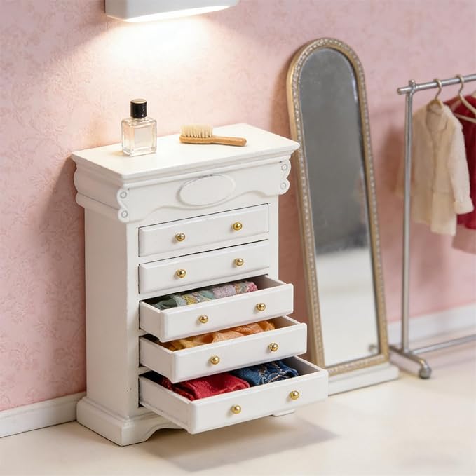 LOGOFUN Dollhouse Furniture Miniature Cabinet Bedside Cabinet Model Vintage Mini House Decoration (White)