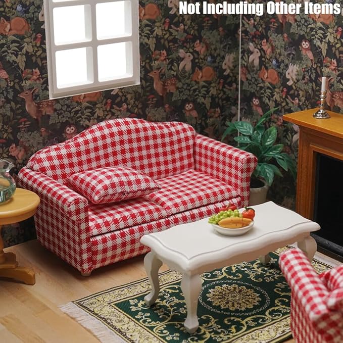 Odoria Dollhouse Couch Loveseat Miniature - 1/12 Scale Upholstered Sofa for Rustic Country Living Room - Mini Settee Chaise Lounge Wood Furniture Plaid Red