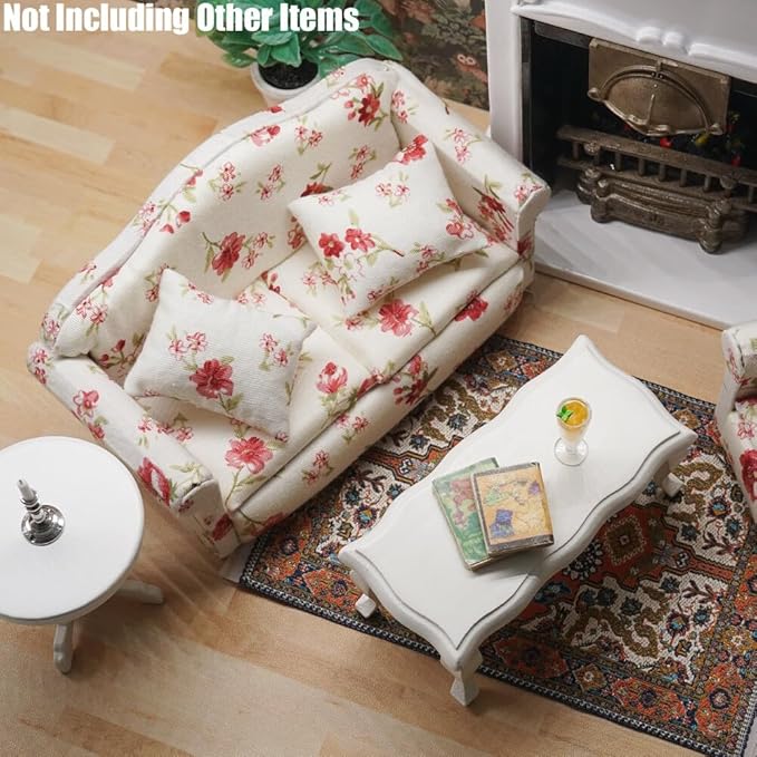 Odoria Dollhouse Couch Loveseat Miniature - 1/12 Scale Upholstered Sofa for Vintage Country Living Room - Mini Settee Chaise Lounge Wood Furniture Floral Red