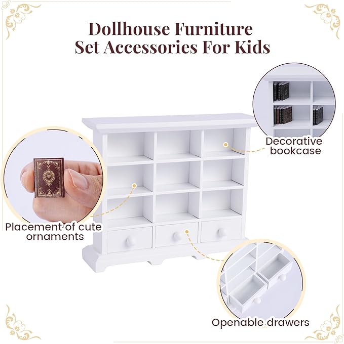 BABESIDE 1:12 Dollhouse Mini Bookshelf with 9 Mini Books – Wooden Dollhouse Furniture Accessories for Kids, Baby Doll Accessories Gift for Girls Age 3+