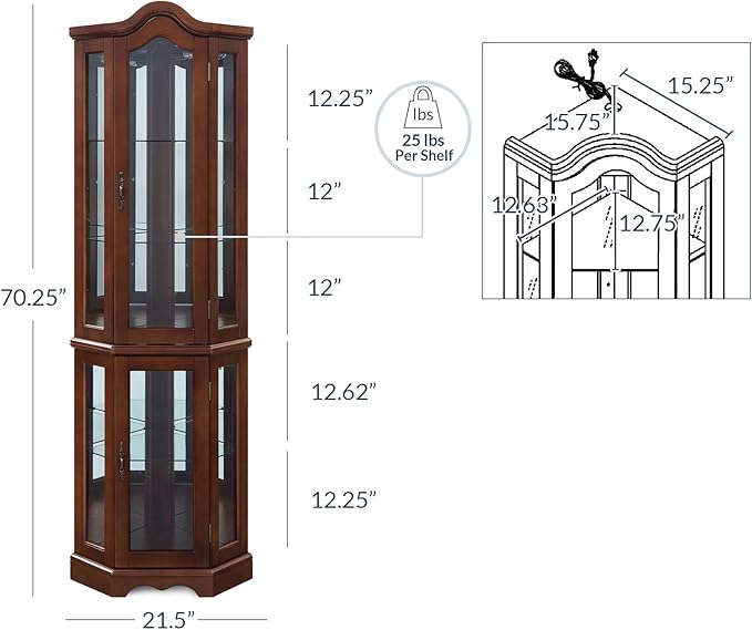 BELLEZE Lighted Corner Display Curved Top Curio Cabinet Wooden Shelving Unit with Tempered Glass Door, Bar and Liquor Storage Area with 5 Shelves - Loraine (Walnut)