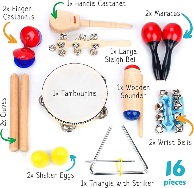 Boxiki kids Musical Instruments Set of 16 PCS - Toddler Educational & Musical Percussion for Kids - with Tambourine, Maracas & Castanets & More to Fine Motor Skills - 3+ Years Olds