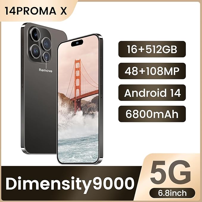 Huness 14PROMA X Smartphone Unlocked Cell Phone,Battery 6800mAh 6.82" HD Screen Unlocked Phones,16+512GB Android 14 with 128GB Memory Card,Dual SIM/Fingerprint Lock/Face ID/GPS (Black, 16+512G)