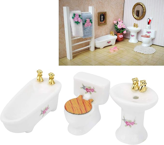 Aqur2020 1:24 Dollhouse Bathroom Set, Simulation Ceramic Bathtub Toilet Sink Kit with Metal Chain and Wood Lid for Miniature Dollhouse Bathroom Scene Decor (Rose)