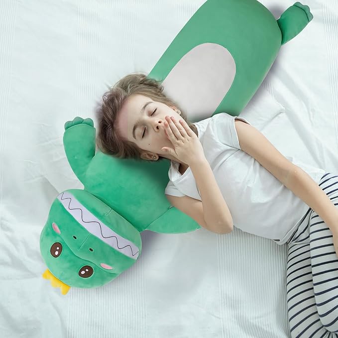 36” Large Dinosaur Plush Long Pillow, Cute Green Extra Dinosaur Stuffed Animals, Big Soft Body Pillow Squishy Plushies Toy, Gifts for Kids Boys Girls, Birthdays, Halloween, Christmas