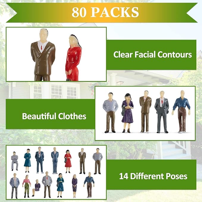 Juexica 80 Pcs Mini People Figurines 1:50 Scale Model Trains Architectural Painted People Figures Tiny Plastic Miniature Figurines Sand Tray Miniatures Sitting Standing Toy Model for Miniature Scenes
