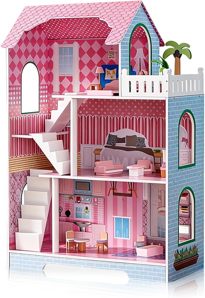 3-Tier Large Wooden Dollhouse with Furniture Set, Modern Kids Playhouse with Roof Window for 5-Inch Dolls, Creative Educational Toy for Girls Boys Ages 3 4 5+ for Imagination & Role-Play Games
