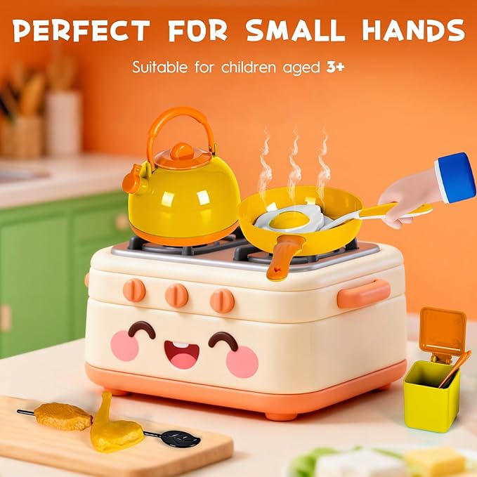 60Pcs Kids Mini Play Kitchen Accessories, Pretend Cooking Play Set with Cookware, Tableware & Fruit & BBQ Sets, Learning Gift for Boys, Girls, Toddlers,Yellow