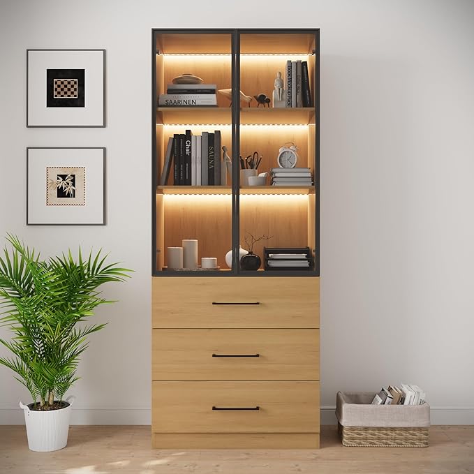 78.7" Oak Display Cabinet with 3 Drawers, 3 -Tier Storage Cabinet with LED Lights, Tall Bookcasse Storage Cabinet, LED Display Case for Collectible, Living Room, Office, Kitchen