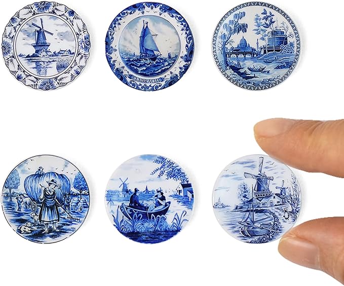 6PCS Handcrafted Miniature Ceramic Plates in 1:12 or 1:6 Scale, Vintage Porcelain Playhouse Dishes (Blue-White B, 2.3CM)