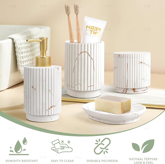SEEYUAN Bathroom Accessories Set 4 Pcs-Toothbrush Holders Set, Soap Dispenser, Cotton Swab Jars, Vanity Tray, Bathroom Organizer for Modern Bathrooms Decor, Gift for Home Apartment