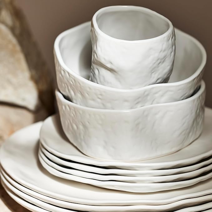 Stone by Mercer Project Atik Modern Stoneware 16-Piece Dinnerware Set, Plate and Bowl Set, Dish set for 4, White