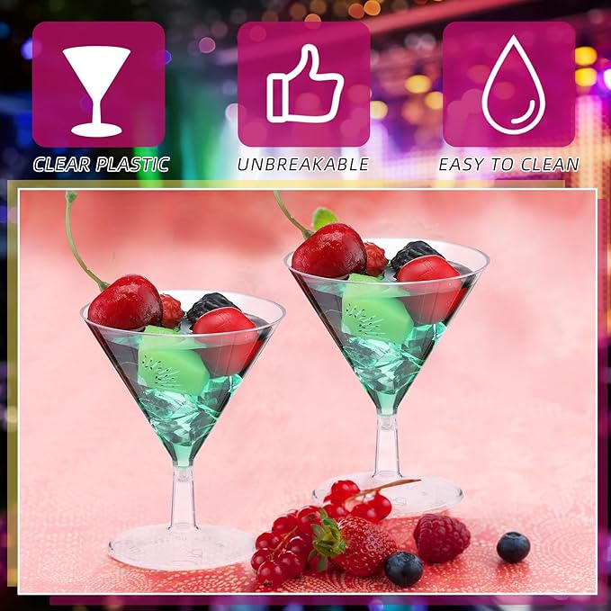 Yinkin 24 Pcs 2 oz Plastic Martini Glasses Disposable Clear Cocktail Dessert Parfait Glasses Unbreakable Mini Martini Cups for Wedding Party Bowl Wine Ice Cream (Stem)