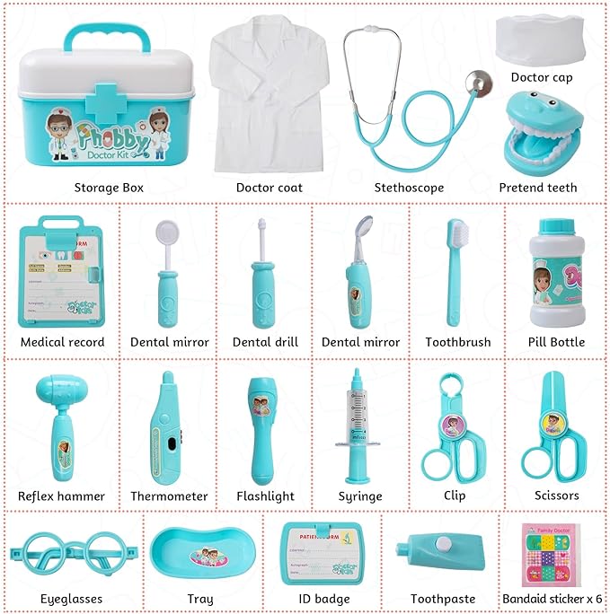 Phobby Durable Doctor Kit for Kids, 27 Pcs Deluxe Pretend Play Medical Kit Toy with Real Stethoscope, Doctor Toys for Toddlers Boys Girls Aged 3 4 5 6 7 8