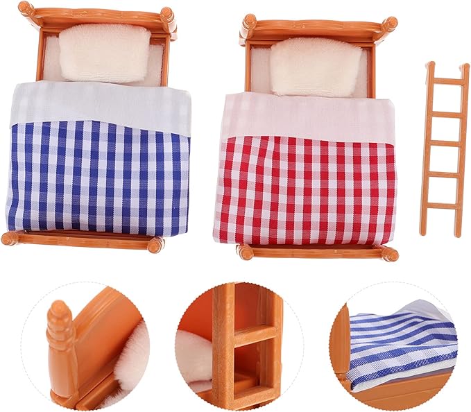 Veemoon 2 Packs Dollhouse Bed Miniature Furniture Bunk Mini Dollhouse Bedroom Accessories Calico Bed Ornaments DIY Doll House Room Decor Set 1: 12 Scale House Furniture, PVC