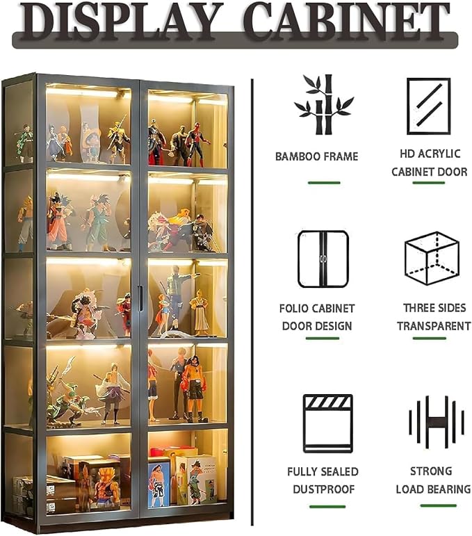Display Cabinet with Acrylic Doors, 63.78" High Display Case, 5-Tier Curio Cabinet, Collectibles Toy Organizers Rack & Display Shelf, High Display Case for Home, Office, Playroom, Living Room