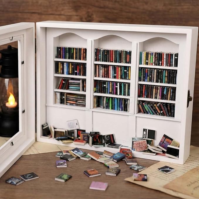 Anxiety Bookshelf Shake Away Your Anxiety, Miniature Book Display Case Cabinet with 200 Mini Books, Creative Wooden Mini Bookshelf Shake Anxiety Stress Reliever Funny Gifts for Book Lovers (White)