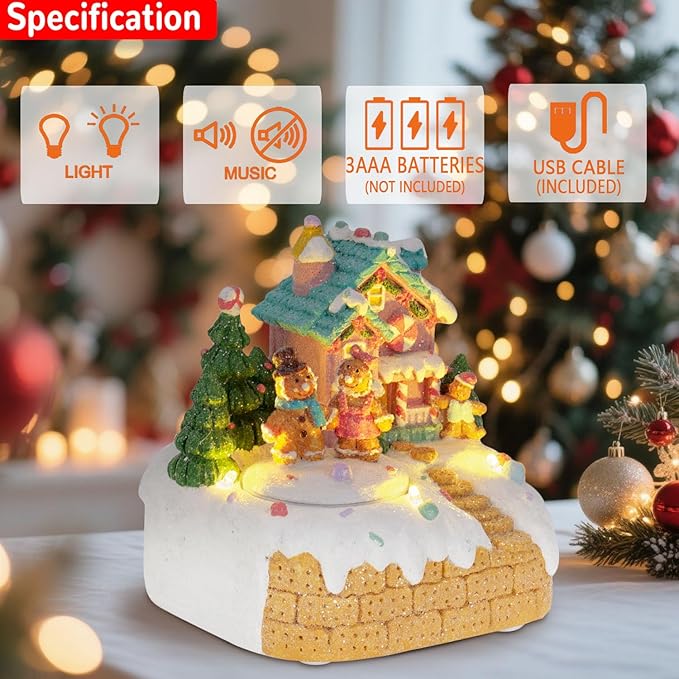 innodept12 Animated Gingerbread House Christmas Decoration – Pre-Lit Musical Resin Village Figurine with Rotating Gingerbread Characters and LED Lights for Indoor Holiday Tabletop Display