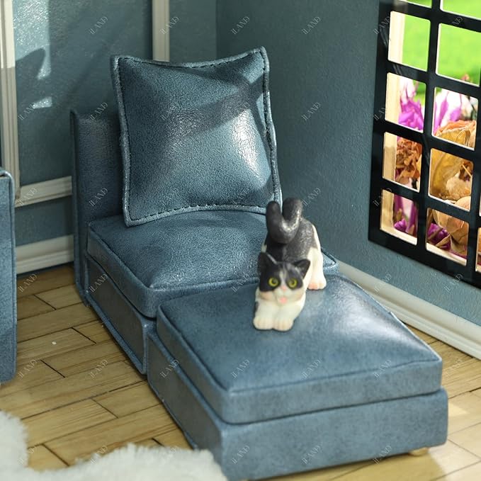 iLAND Dollhouse Furniture Miniature Sectional Couch Set for Doll House Décor Fit 1/12 Scale Accessories, Modern Blue Faux Leather Sofa Timeless & Classic